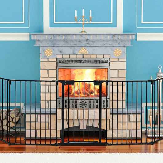 115 Inch Length 5 Panel Adjustable Wide Fireplace Fence Black - shop_name pets petsupplys