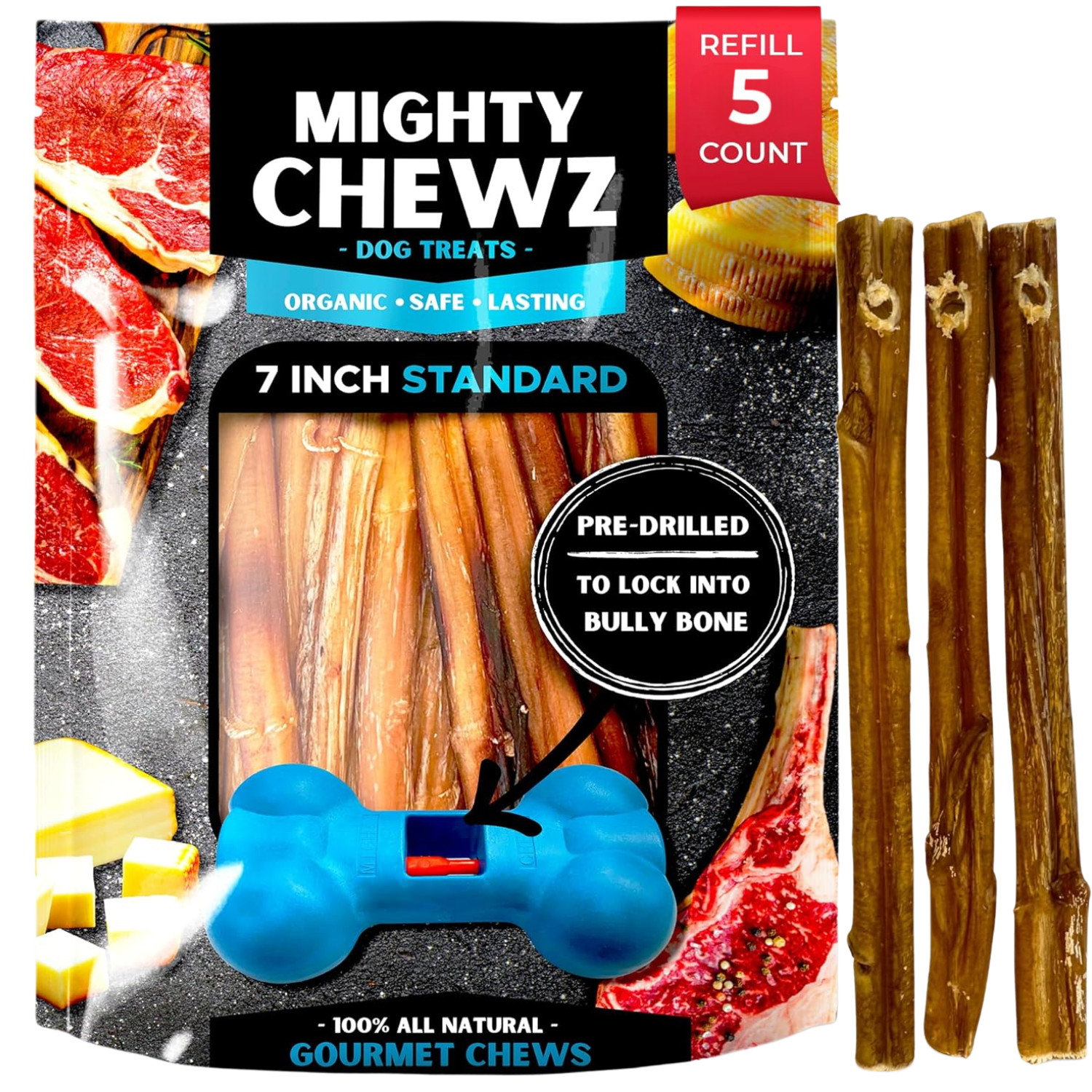 7 Inch Bully Sticks Refill Pack Pre Drilled For Mighty Chewz Holder - shop_name pets petsupplys