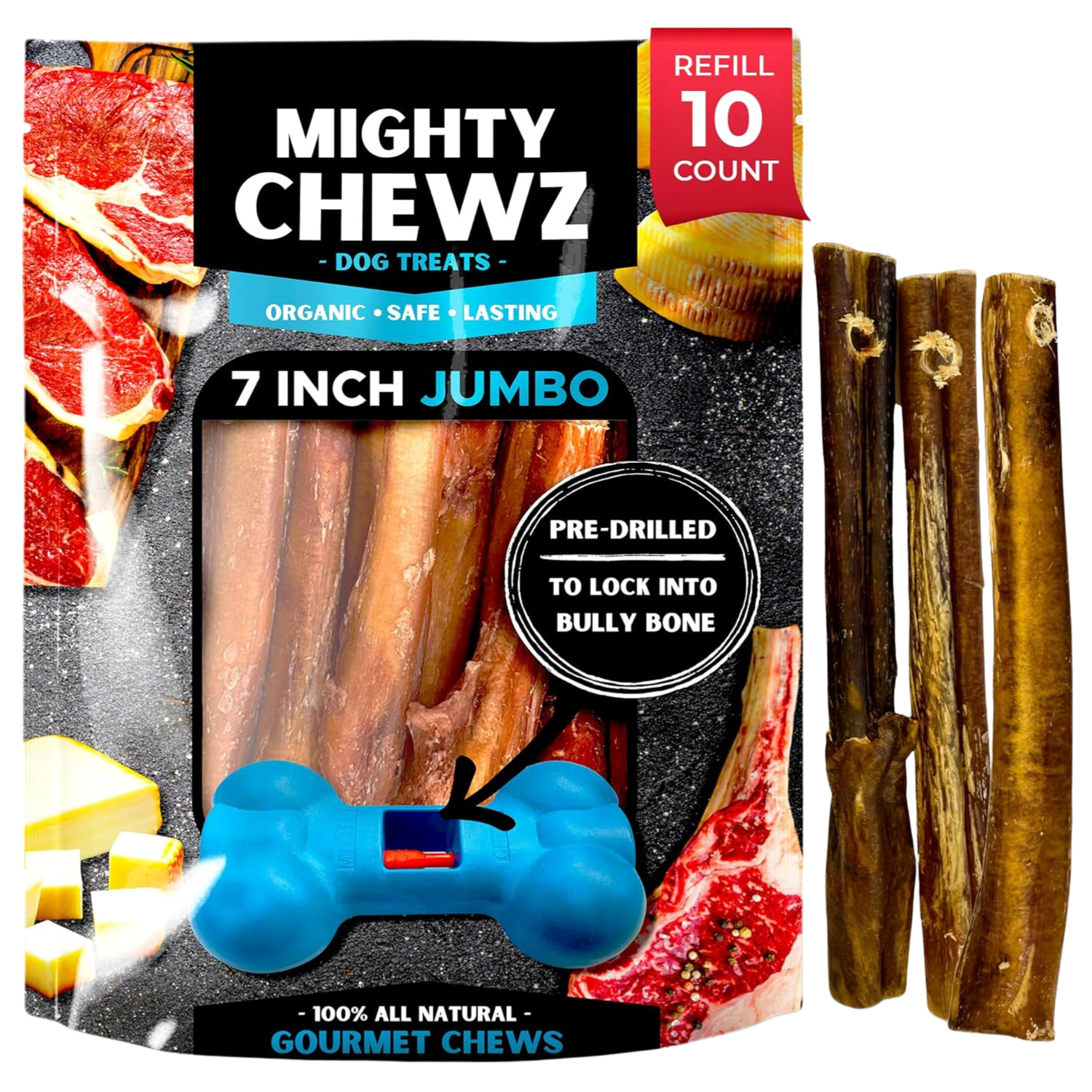 7 Inch Jumbo Bully Sticks Refill Pack Pre Drilled For Mighty Chewz Holder - shop_name pets petsupplys