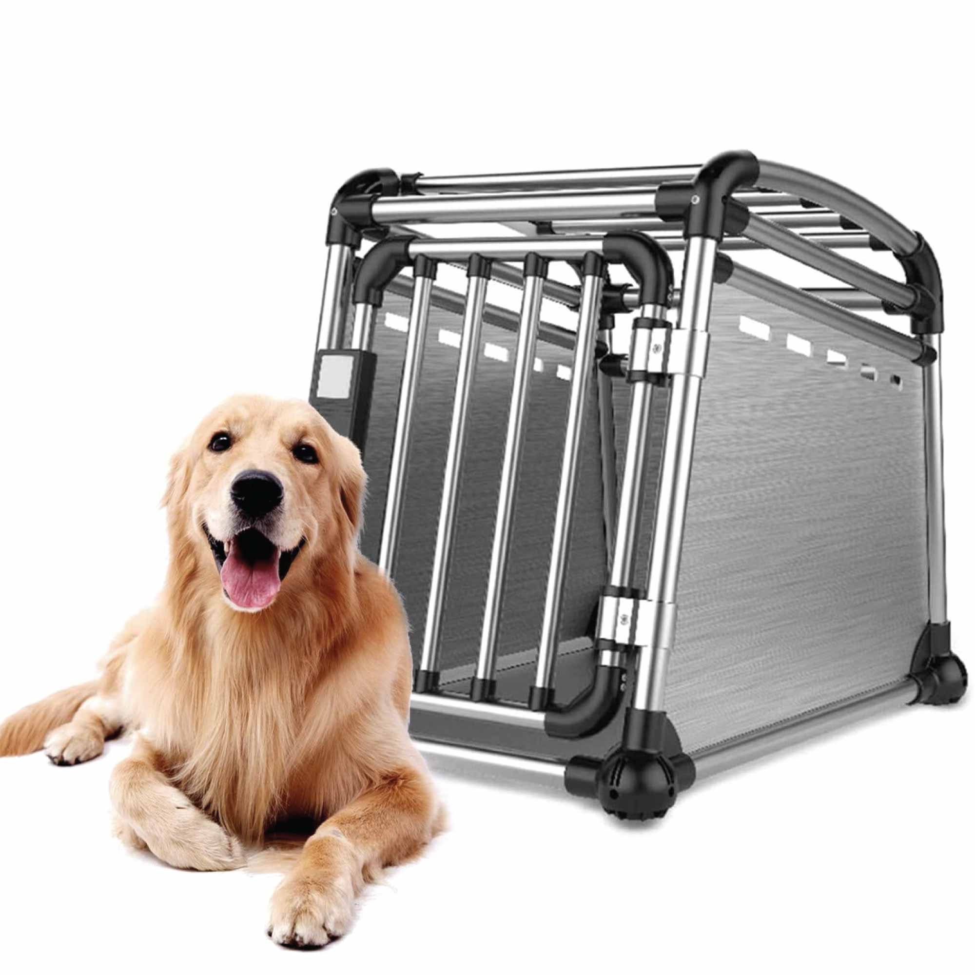 Aluminium Dog Travel Crate 56x65x77cm - Medium Pet Car Transport Cage Kennel Box - shop_name pets petsupplys