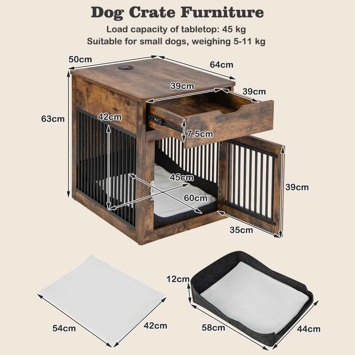NNECW Furniture Style Dog Crate with Wired & Wireless Charging - shop_name pets petsupplys