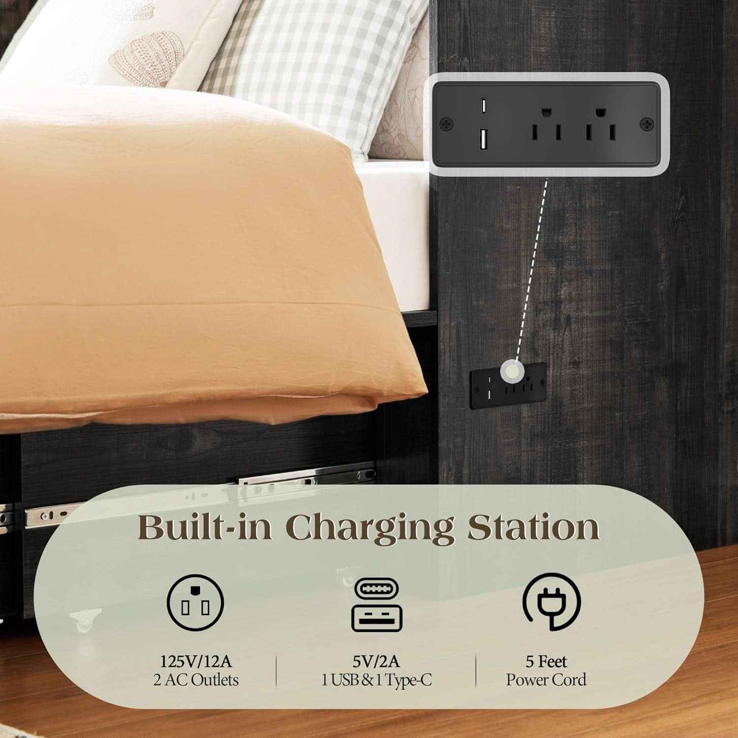 Twin Murphy Bed Black Oak Integrated Charging Drawer - shop_name pets petsupplys