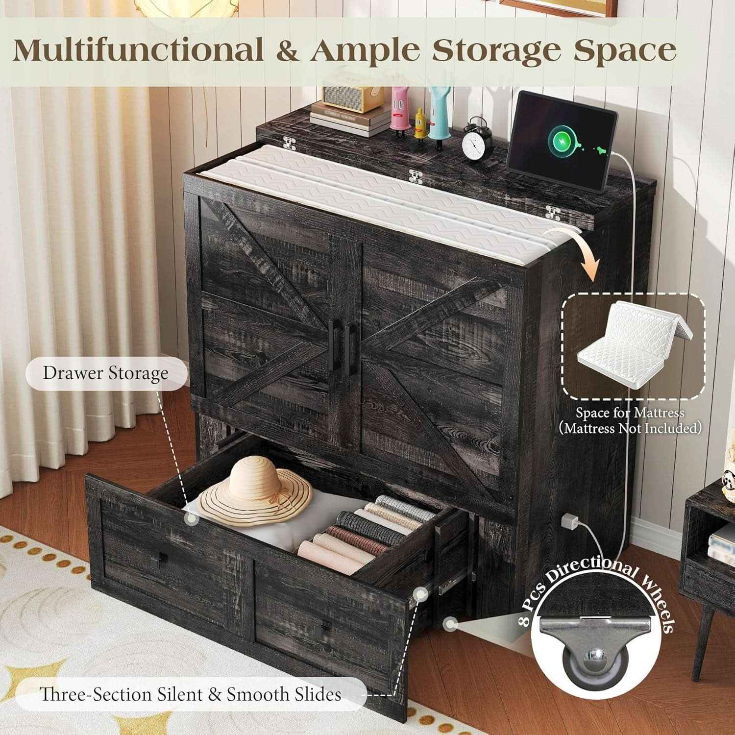 Twin Murphy Bed Black Oak Integrated Charging Drawer - shop_name pets petsupplys