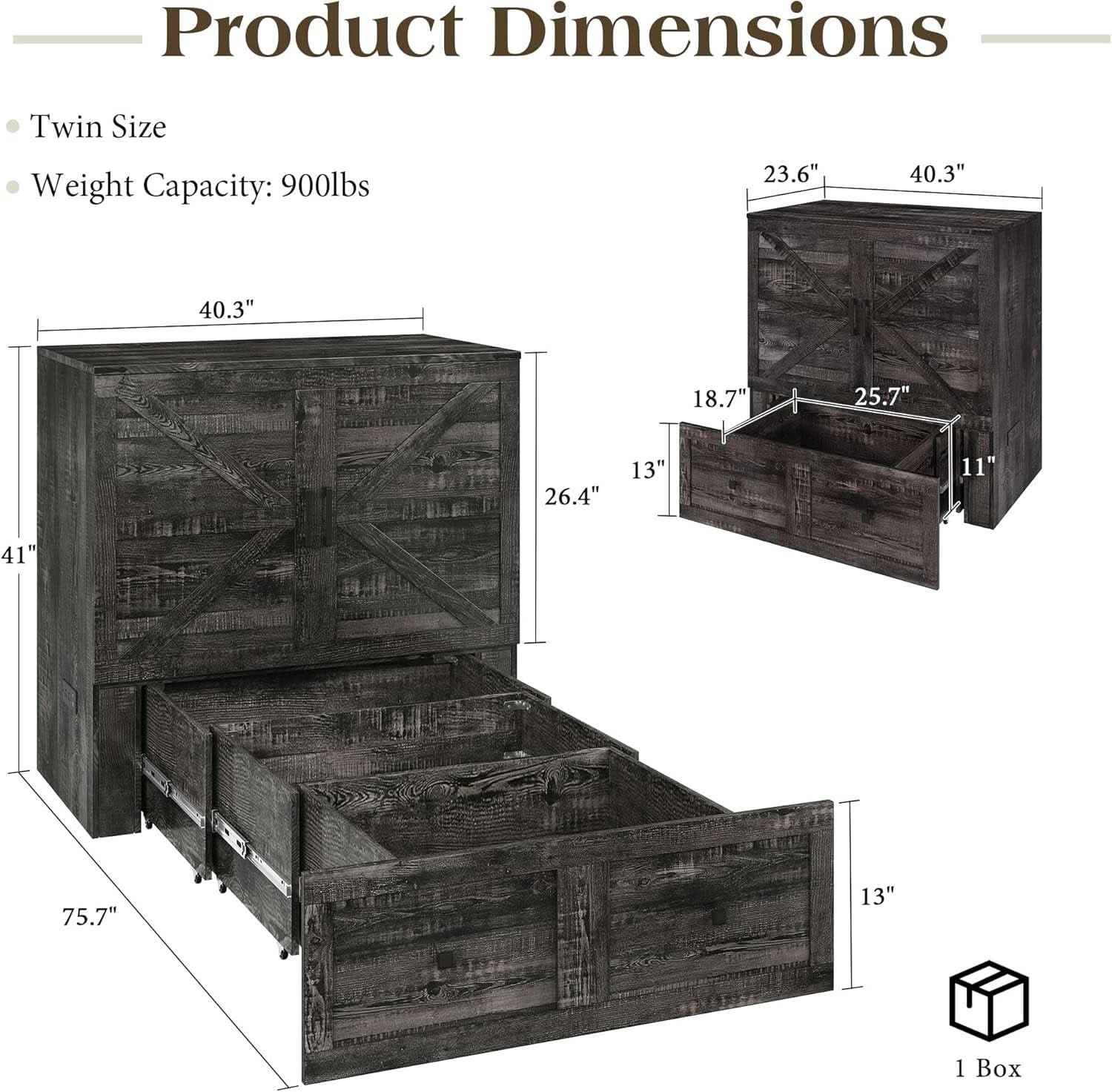 Twin Murphy Bed Black Oak Integrated Charging Drawer - shop_name pets petsupplys